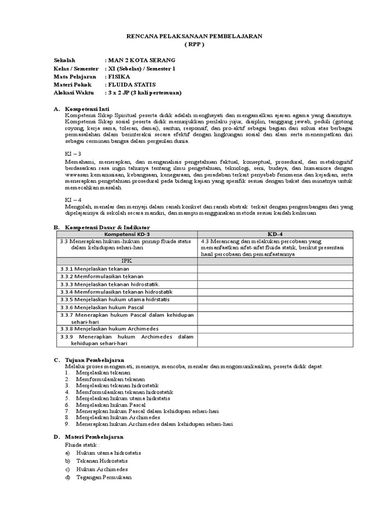RPP Pembelajaran Fluida Statis XI | PDF
