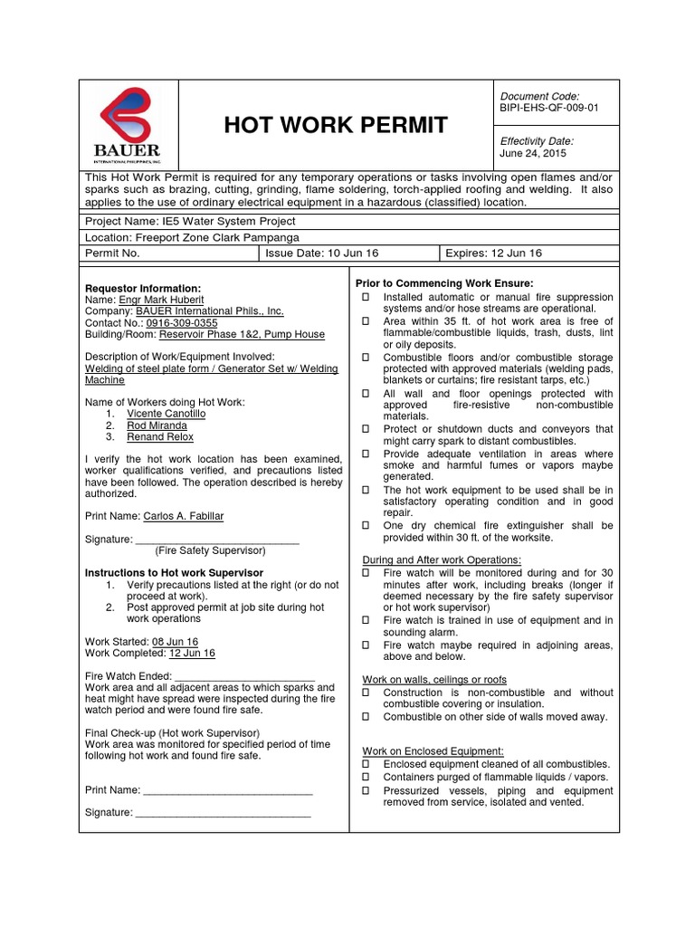 Hot Work Permit Sample PDF Fires Fire Safety