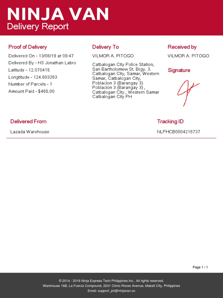 Delivery Report: Proof of Delivery Delivery To Received by | PDF