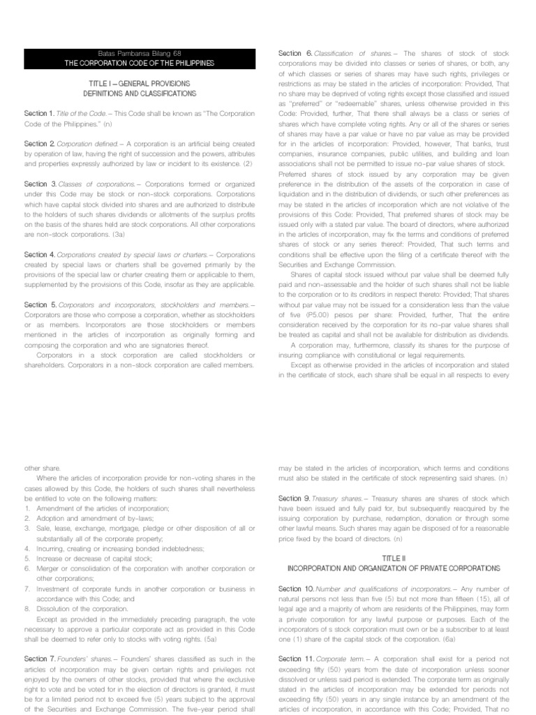 Corporation Code | PDF | Corporations | Stocks