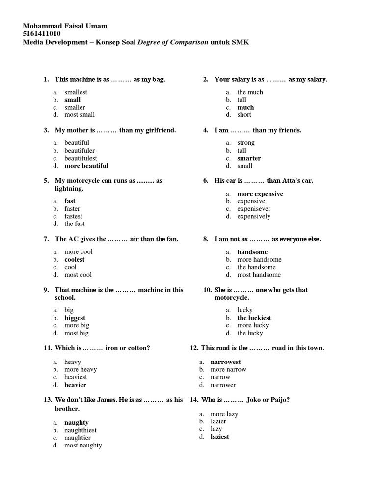 Contoh Soal Comparative Degree Pilihan Ganda Beserta Jawabannya - Murid