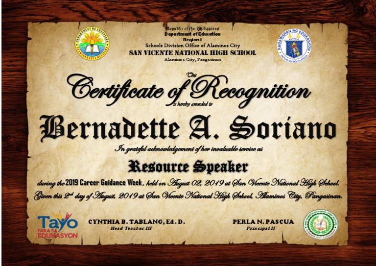 Certificate for Resource Speaker Career Guidance Week