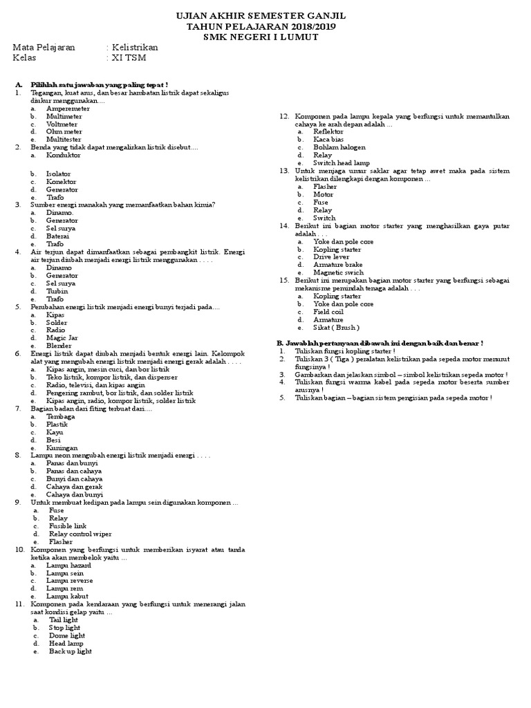 Soal Uas Kelistrikan Kelas Xi Tsm 1