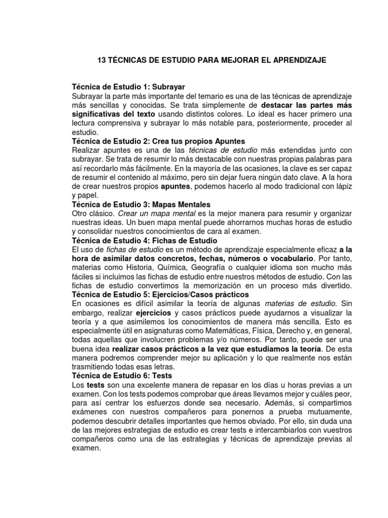 13 Técnicas de Estudio para Mejorar El Aprendizaje | PDF | Habilidades ...