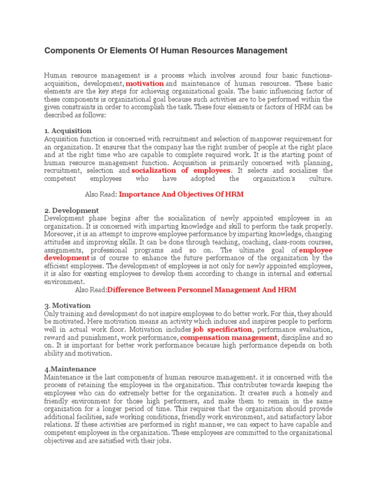 Components or Elements of Human Resources Management PDF Human