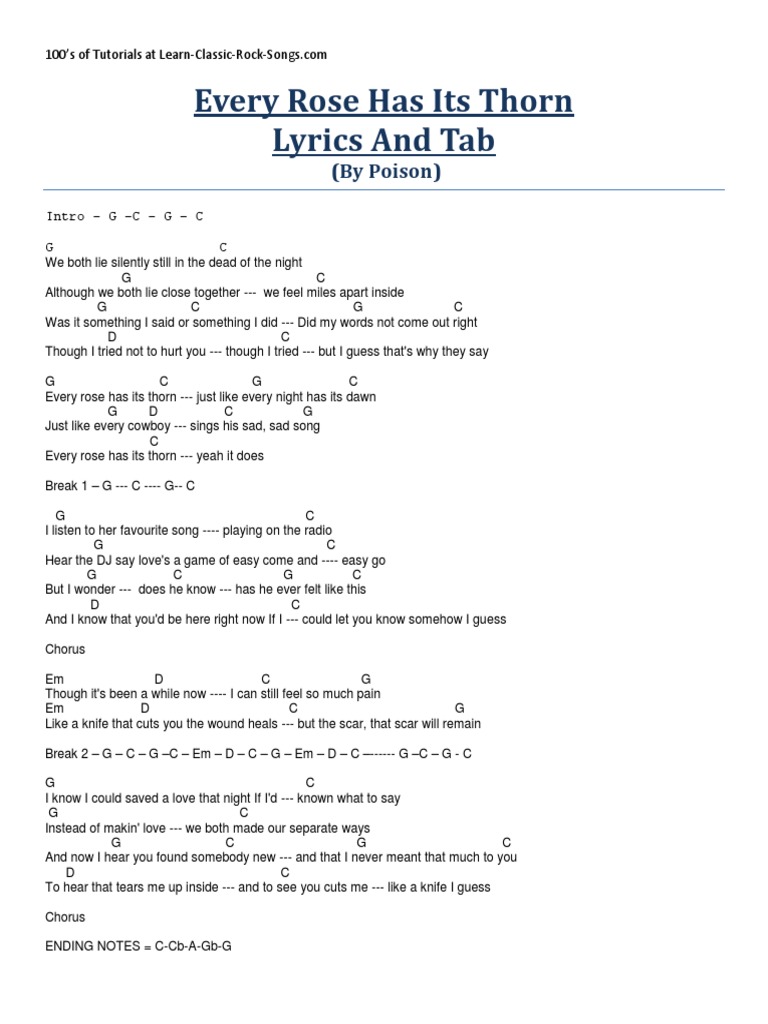 Every Rose Has Its Thorn Lyrics & Tabs | PDF | Songs | Recorded Music