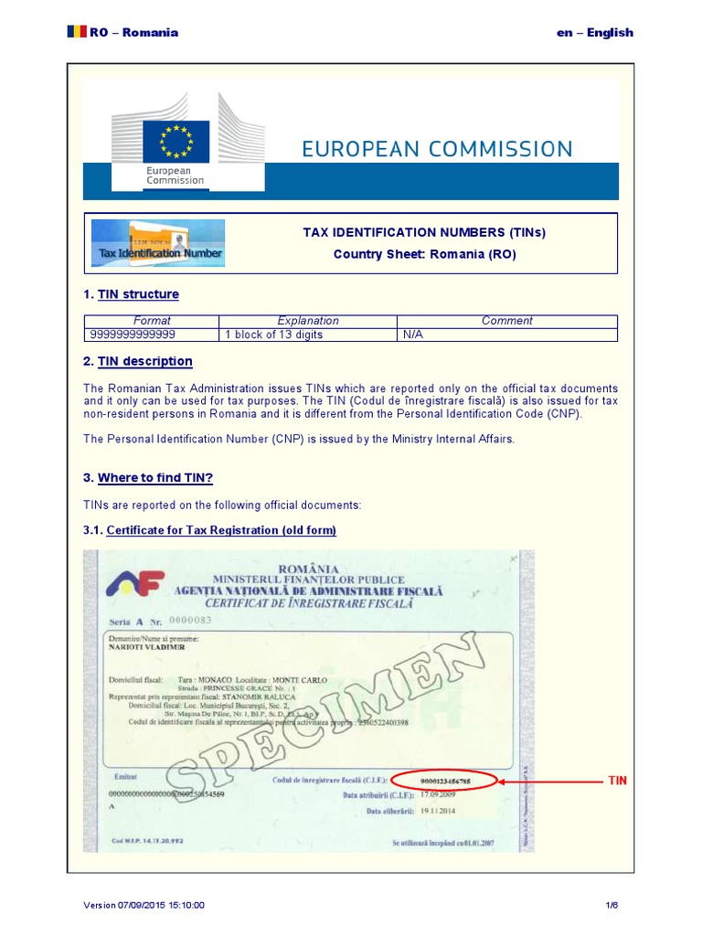 TIN - Country Sheet RO en | PDF | Identity Document | Passport