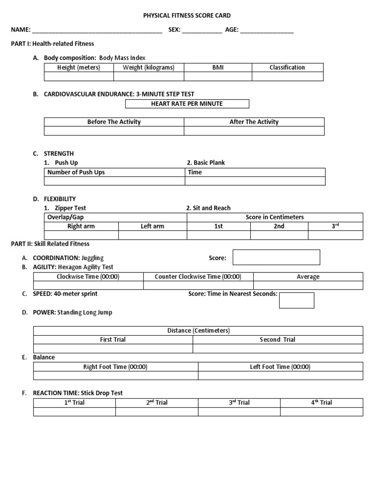 Physical Fitness Score Card Template | PDF