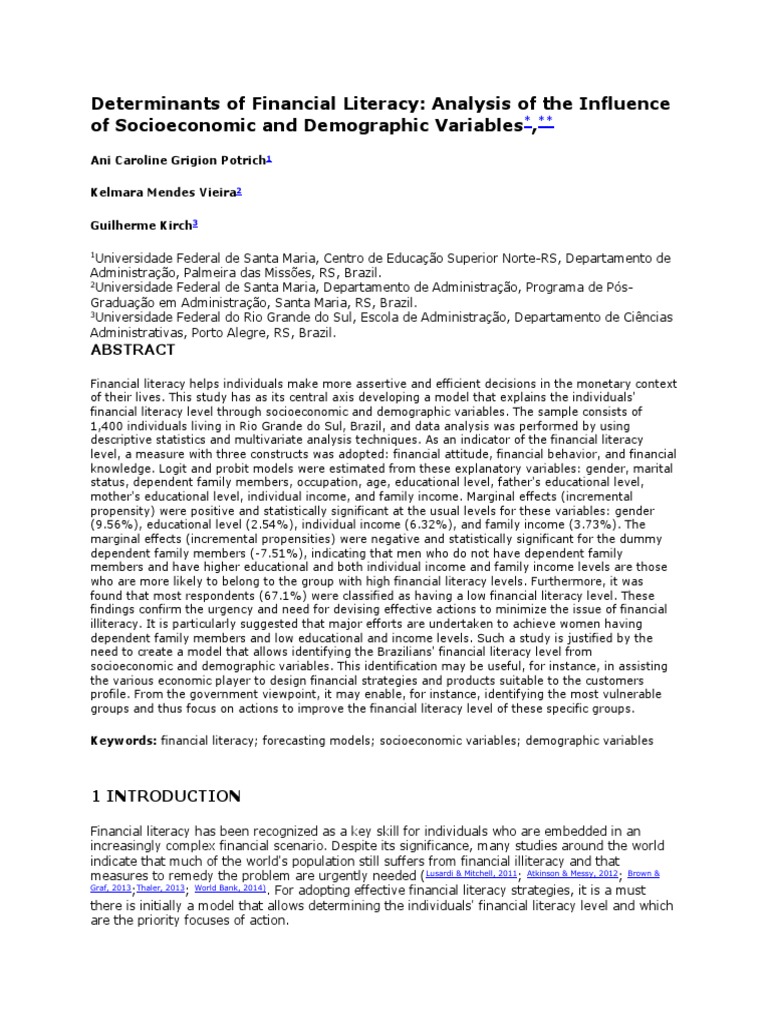 Socioeconomic Factors in Financial Literacy | PDF | Correlation And ...