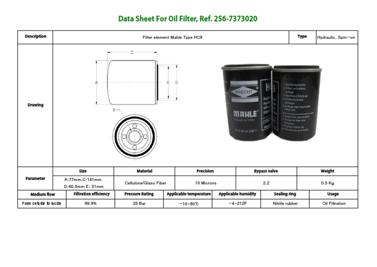 Data Sheet for Oil Filter, Ref. 2567373020