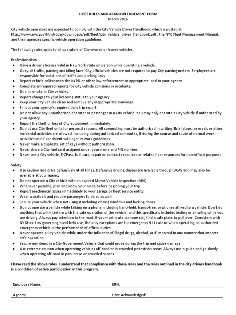 City Vehicle Operator Acknowledgement Form | PDF | Vehicles | Driving ...