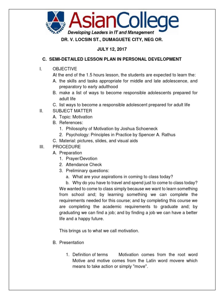 Personal Development Lesson Plan on Motivation | PDF | Motivation ...