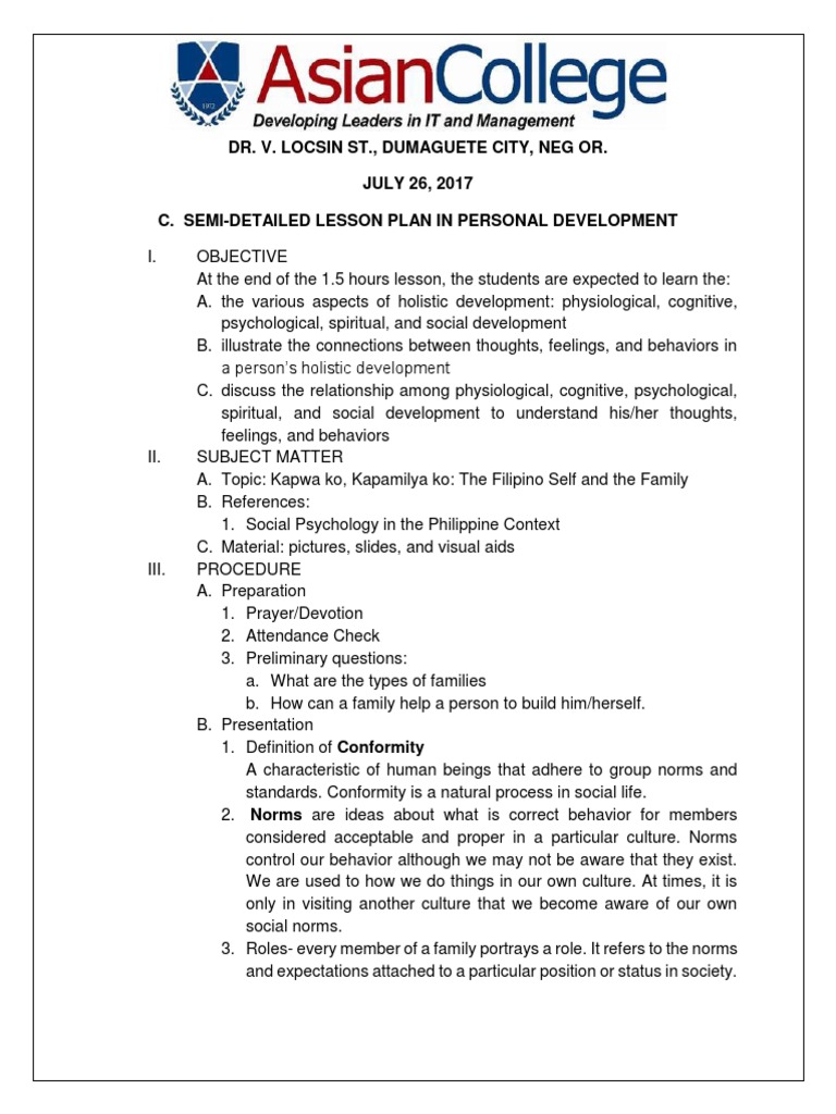 Personal Development Lesson Plan | PDF | Psychology | Family