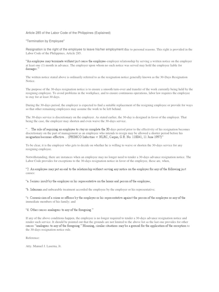 Article 285 of The Labor Code of The Philippines PDF Employment