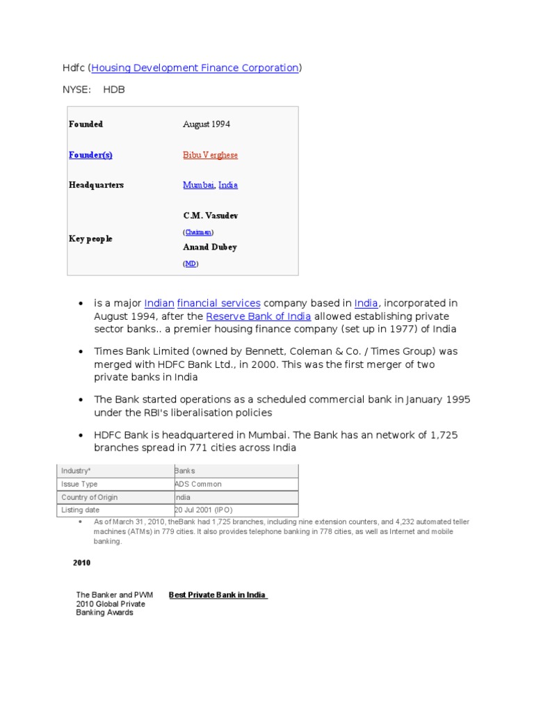 HDFC: Overview and Establishment Details | PDF