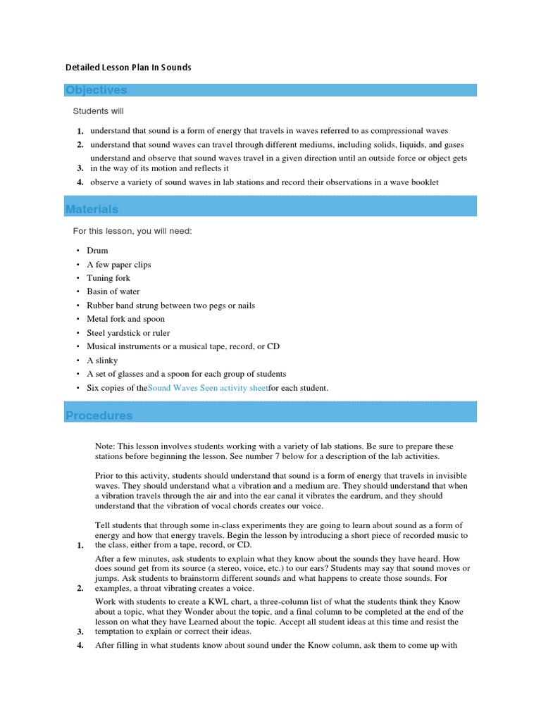 Class 8 Sound Waves Lesson Plan | PDF | Sound | Nature