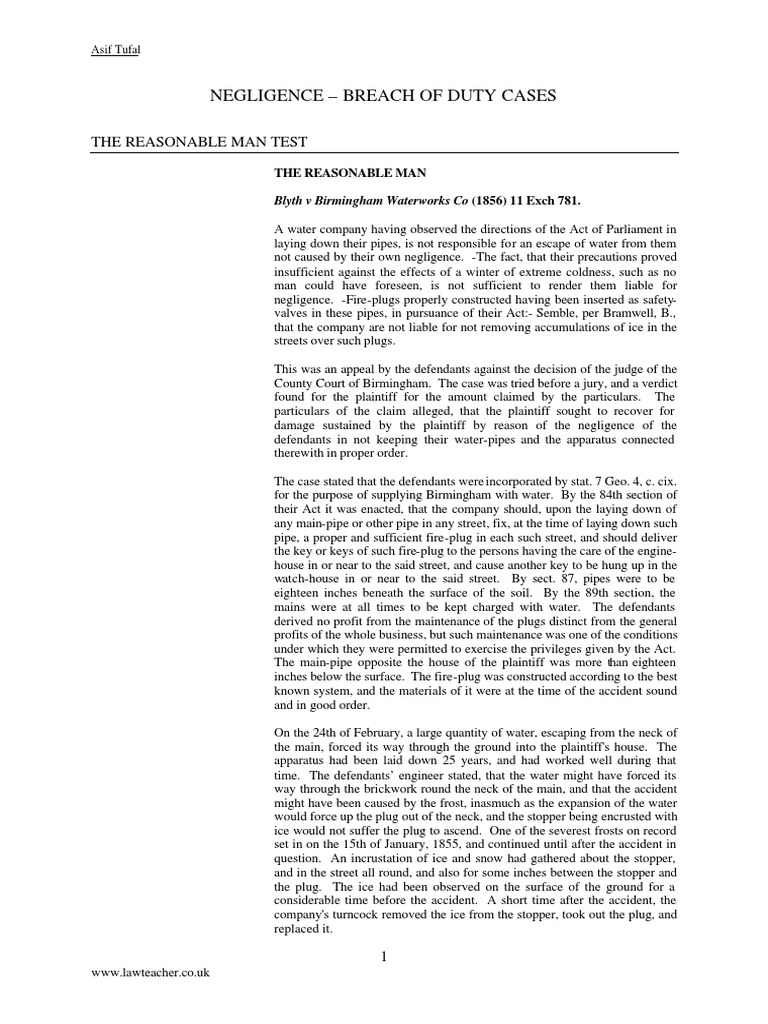Negligence - Breach of Duty Cases: The Reasonable Man Test | PDF ...