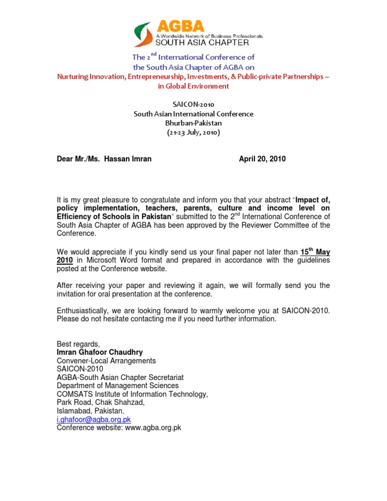 SAICON-2010 Conference Invitation Letter | PDF