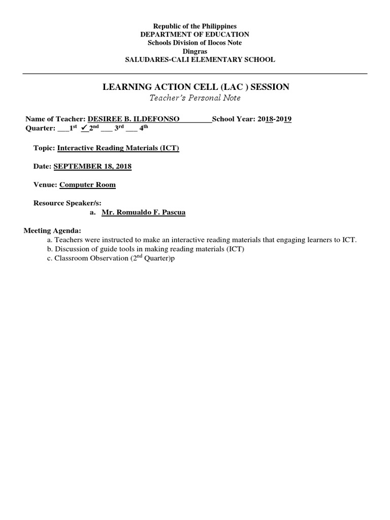 Learning Action Cell (Lac) Session: Teacher's Personal Note | PDF