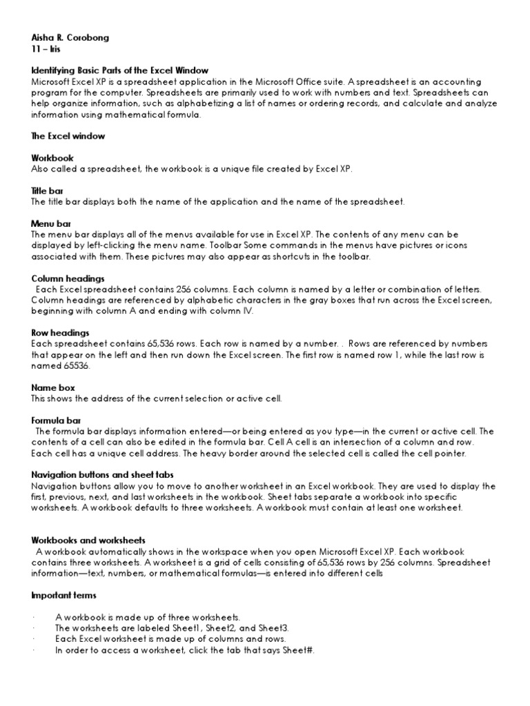 Parts Of Excel Spreadsheet Worksheet