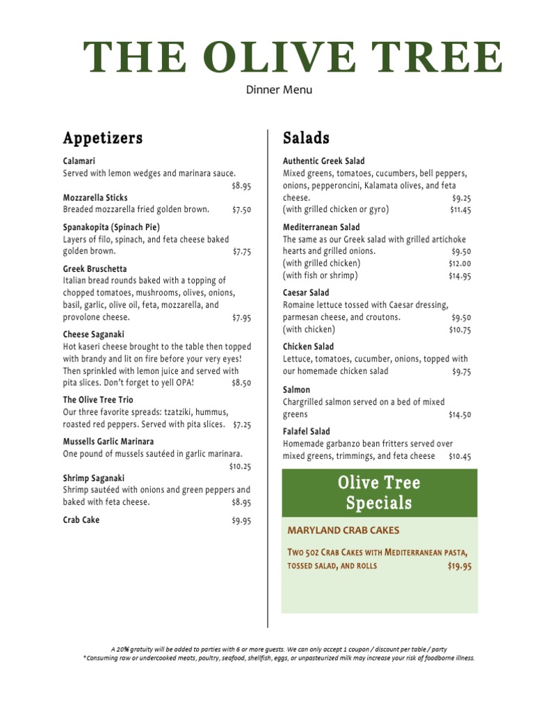 Olive Tree Dinner Menu Overview | PDF | Pizza | Salad
