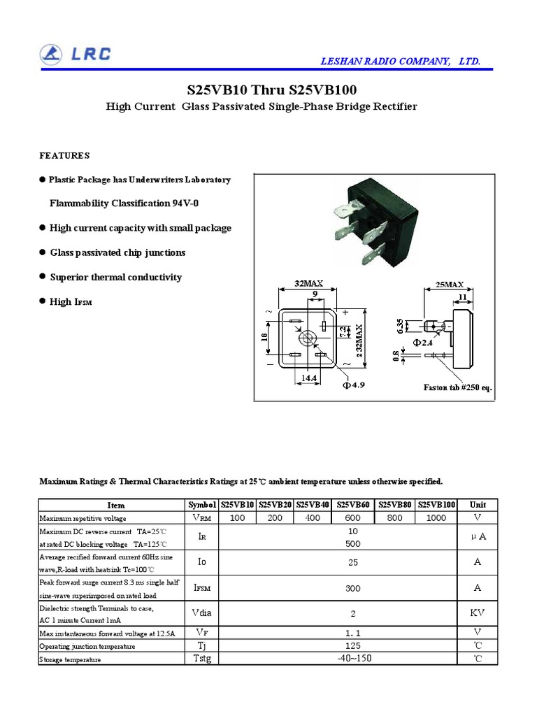 S25VB10 Thru S25VB100: High Current Glass Passivated Single-Phase ...