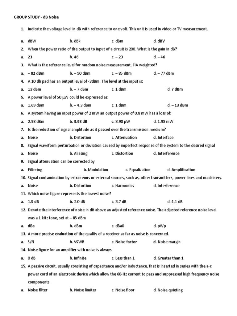 Group Study DB Noise Answer Key | PDF | Decibel | Signal To Noise Ratio
