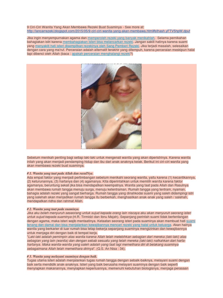 9 Ciri Ciri Wanita Yang Akan Membawa Rezeki Buat Suaminya Pdf