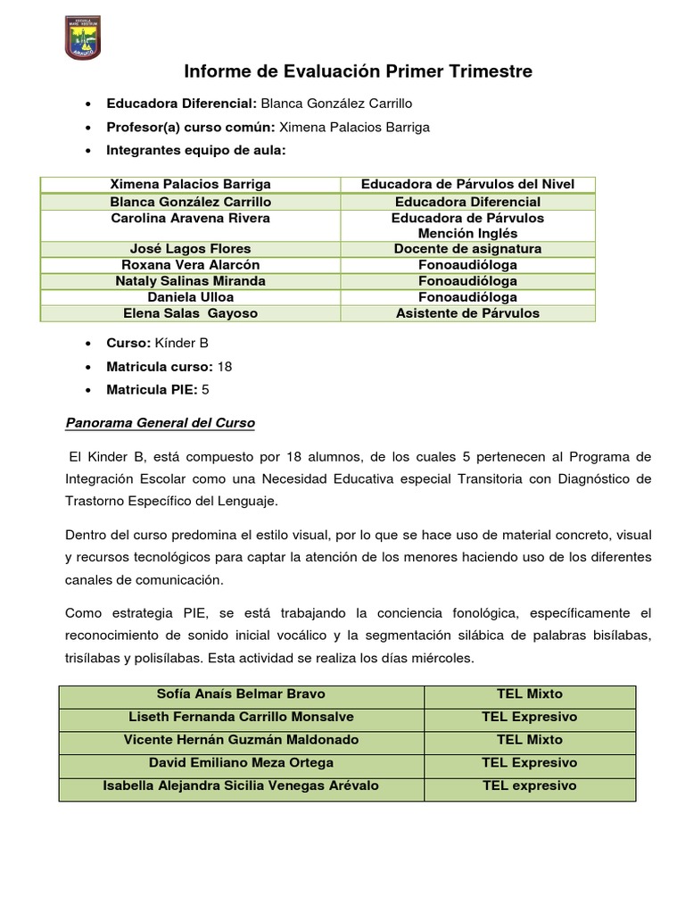 Informe Evaluación Primer Trimestre | PDF | Educación de la primera ...