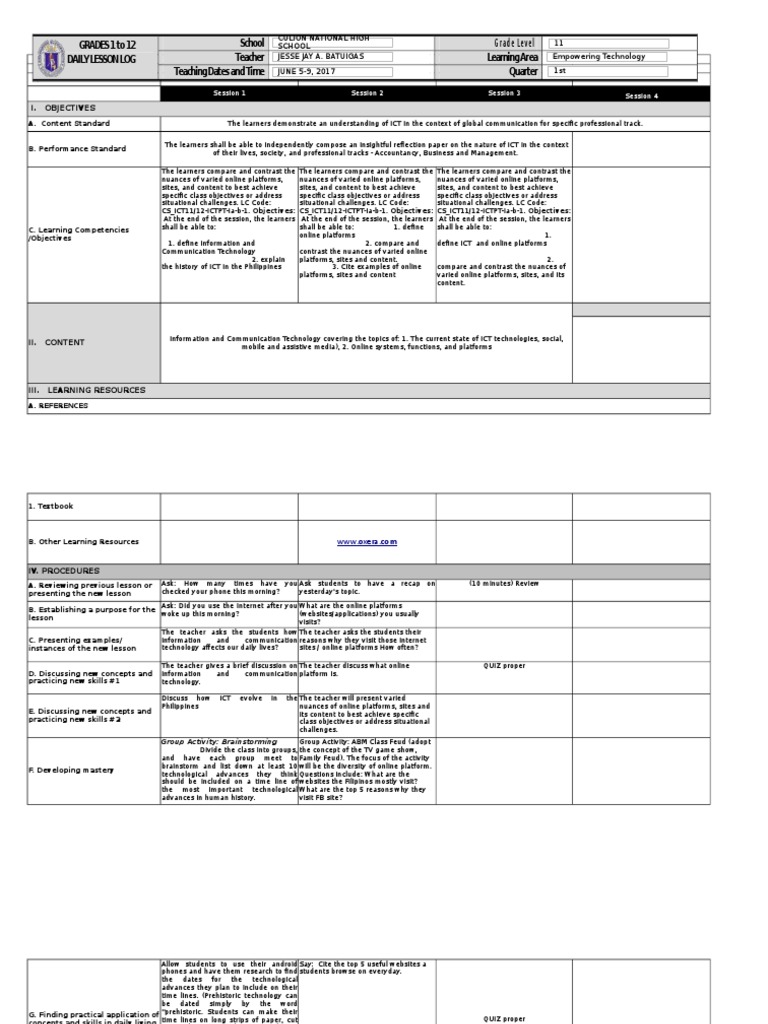 ICT and Online Platforms Lesson Plan | PDF | Educational Technology ...