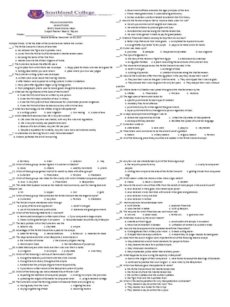 Asian Studies Preliminary Exam | PDF | Babylon | Phoenicia