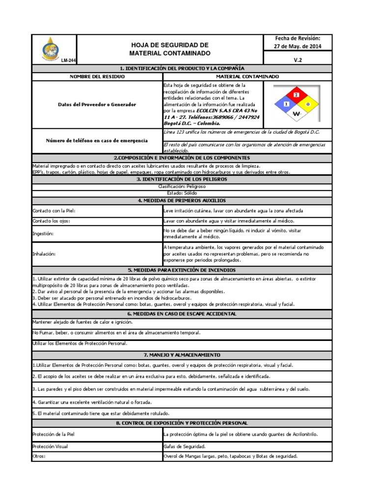 Msds-Material-Contaminado-Epp y Otros Materiales Solidos PDF | PDF ...
