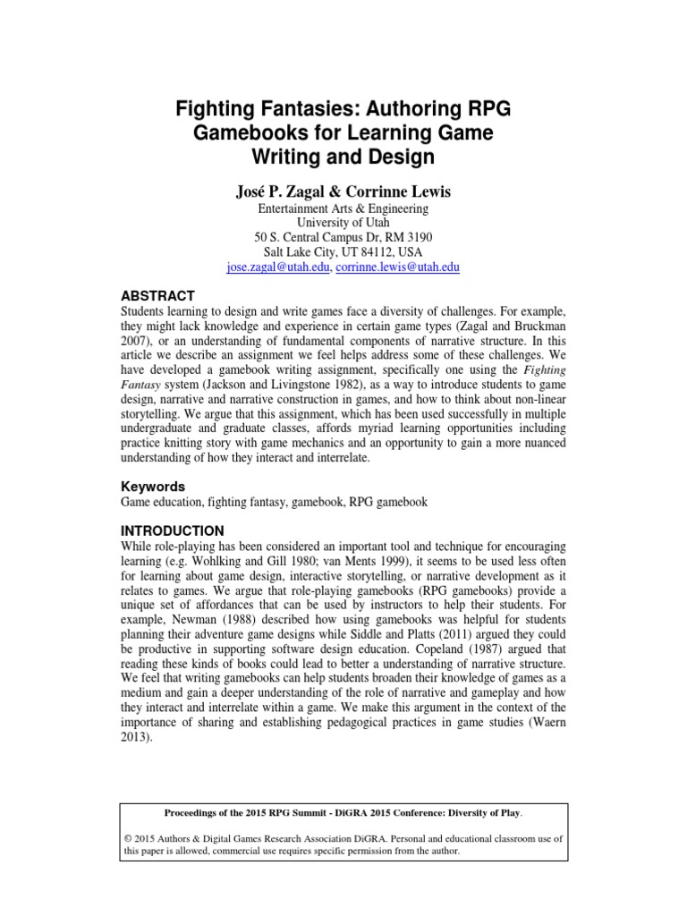 Fighting Fantasies Authoring RPG Gamebooks For Learning Game Writing