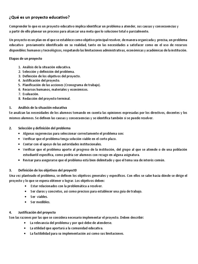 Definición de Proyecto Educativo | PDF | Planificación | Evaluación
