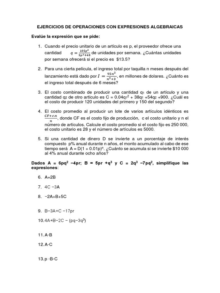 Ejercicios de Operaciones Con Expresiones Algebraicas | PDF | Agitación ...