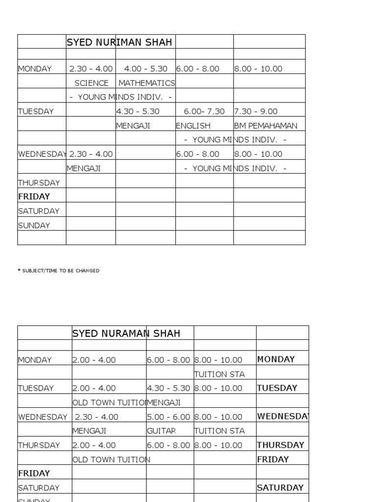 Weekly Tuition Schedule Overview | PDF | Sports | Leisure