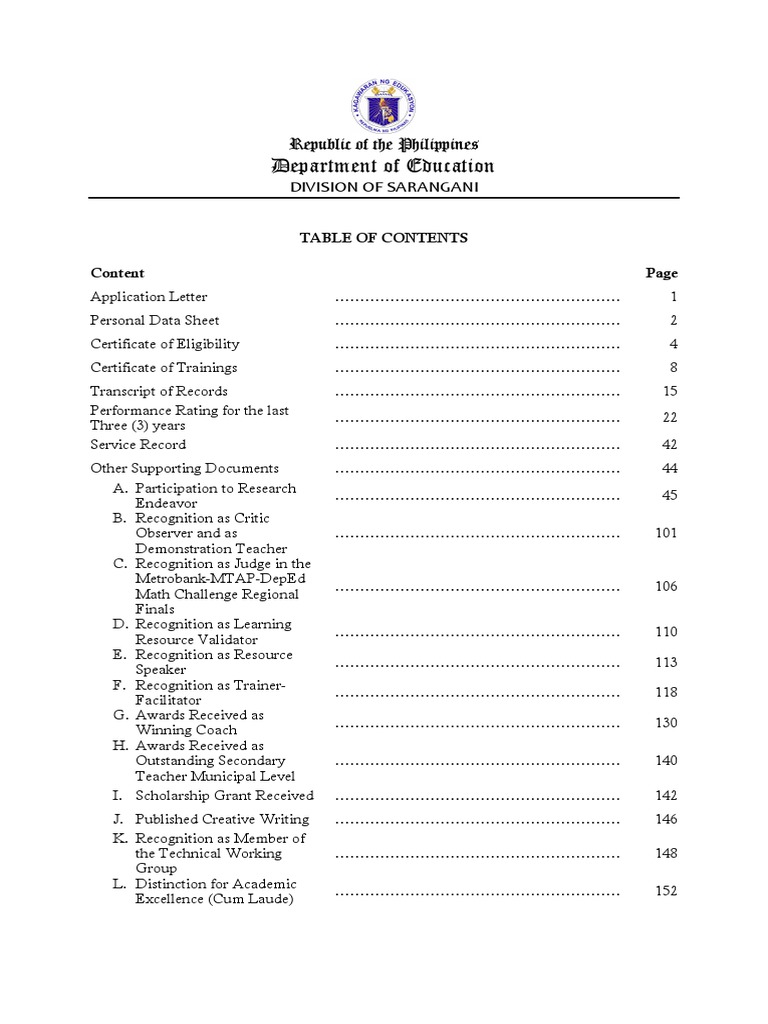 Sample Table Of Contents For Pertinent Papers