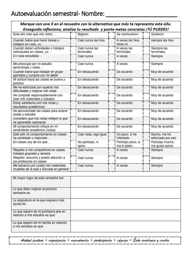 Hoja de Autoevaluación Semestral | PDF | Conceptos psicologicos | Cognición
