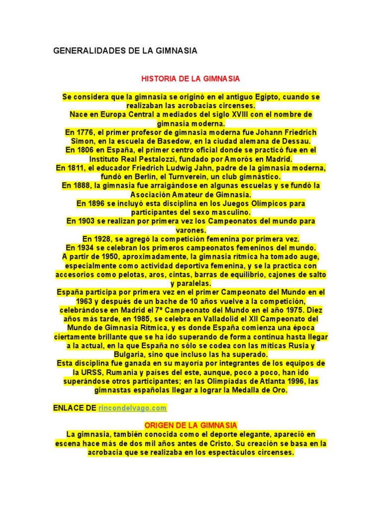 Historia y Generalidades de la Gimnasia | PDF | Gimnasia | Deportes