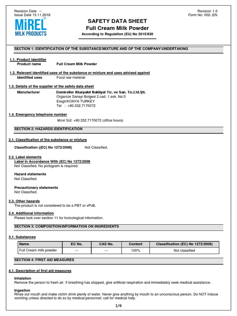 Full Cream Milk Powder SDS en PDF Dangerous Goods Toxicity