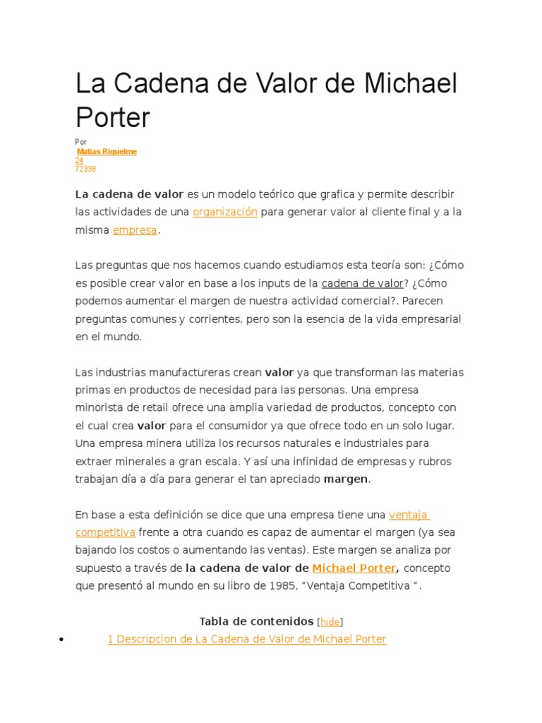 La Cadena de Valor según Michael Porter | PDF | Cadena de valor | Logística