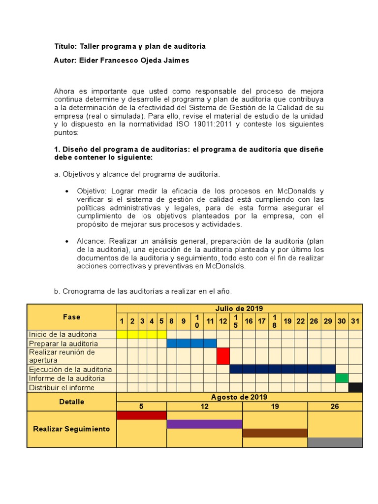 Taller Programa y Plan Auditoria | PDF | Auditoría | Contralor