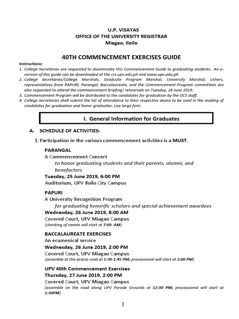 40Th Commencement Exercises Guide: I. General Information For Graduates ...