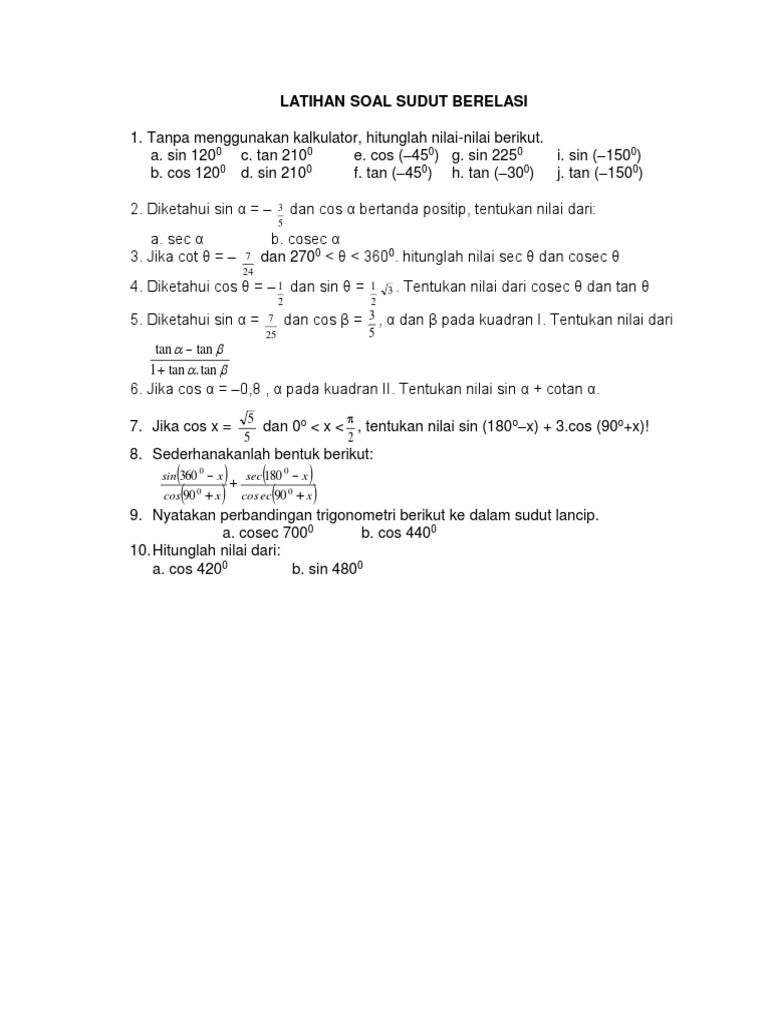 Latihan Soal Sudut Berelasi Docx
