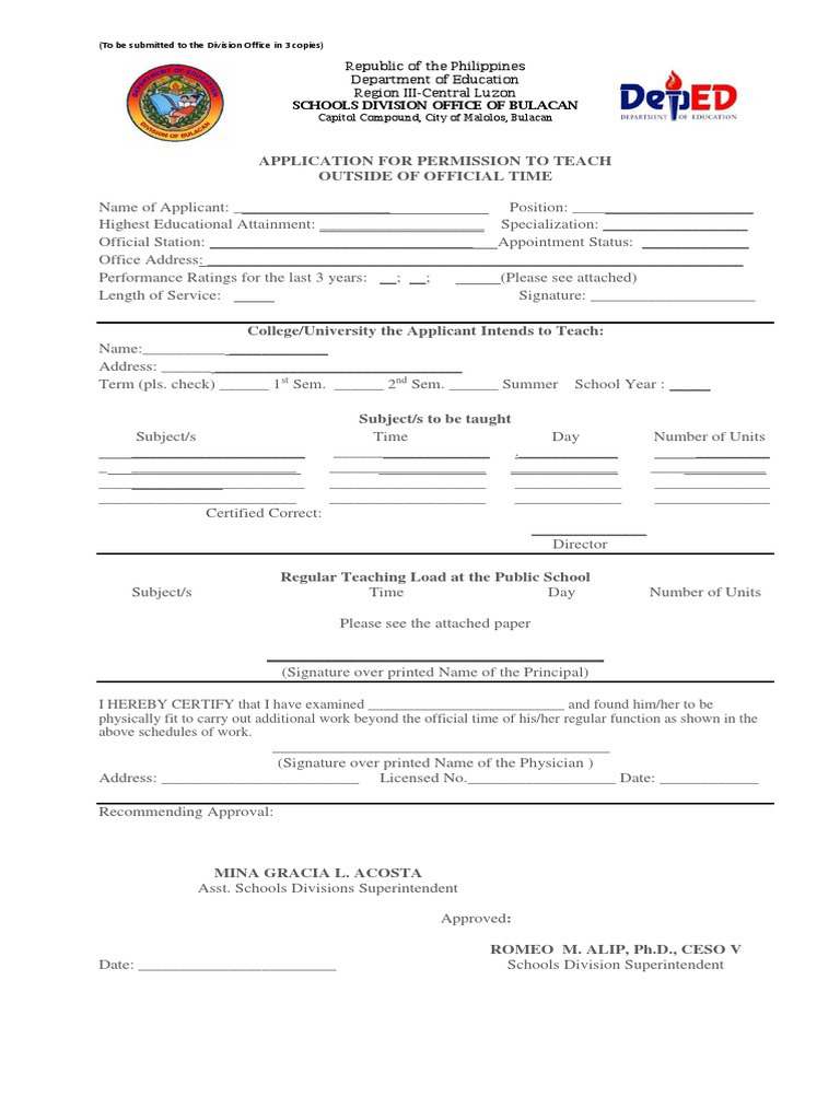 Application For Permission To Teach Outside of Official Time | PDF