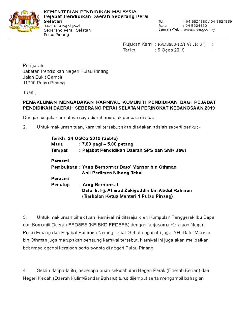 Pemakluman Mengadakan Karnival Komuniti Pendidikan Bagi Pejabat Pendidikan Daerah Seberang Perai Selatan 2019 Pdf
