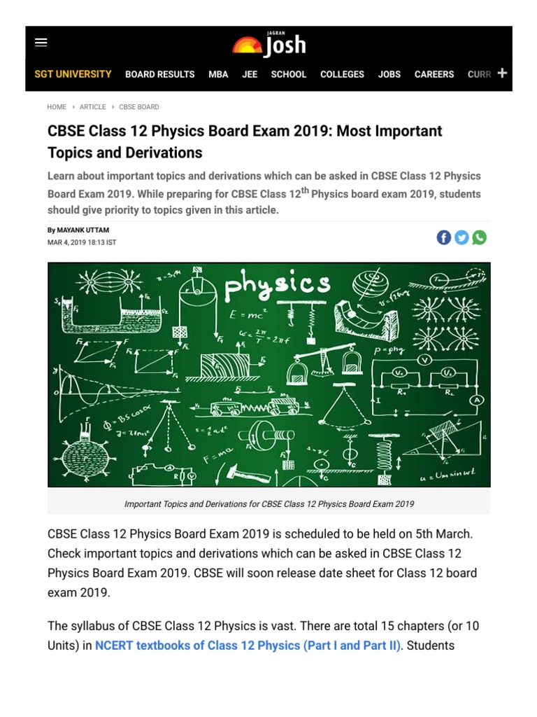 CBSE Class 12 Physics Board Exam 2019 Most Important Topics and