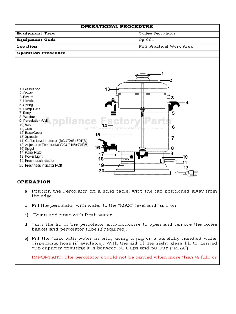 Operational Procedure Equipment Type Equipment Code Location Operation Procedure PDF Coffee