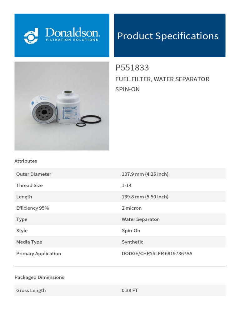 Product Specifications: Fuel Filter, Water Separator Spin-On | PDF