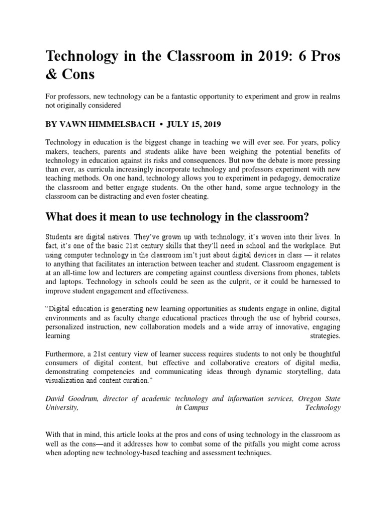 Pros and Cons of Classroom Technology | PDF | Educational Technology ...